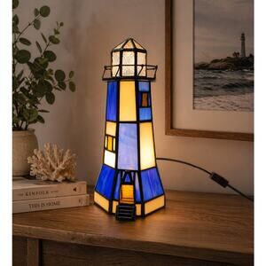 Vintage Stained Glass Lighthouse Accent Lamp Cobalt Blue and Clear Glass 9.5"